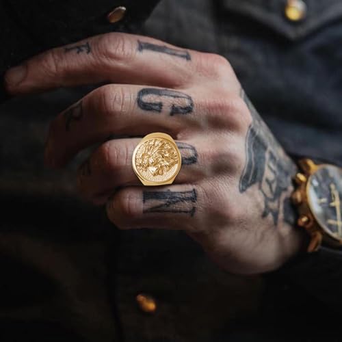 Mens Signet Ring Stainless Steel Lion Eagle Head Statement Rings Jewelry for Men Size 8/9/10/11/12/13 - style: Gold Tone Lion