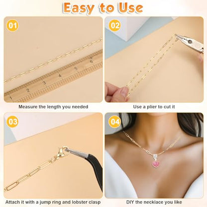43ft Gold Chain for Jewelry Making 18k Gold Plated Stainless Steel Paperclip Chain Roll with 10Pcs Lobster Clasps and 30Pcs Jump Rings for Charm Bracelet Necklace Jewelry DIY Craft Accessories