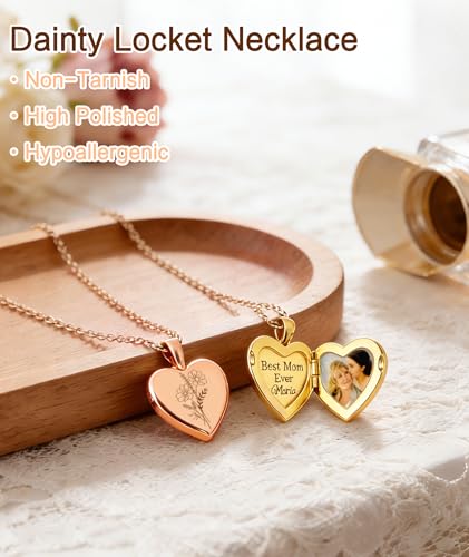Personalized Locket Necklace for Women with Engraved Text & Picture | Custom Birthday Flower Locket Necklace Mothers Day Gift for Mom Mother Wife - color: Heart