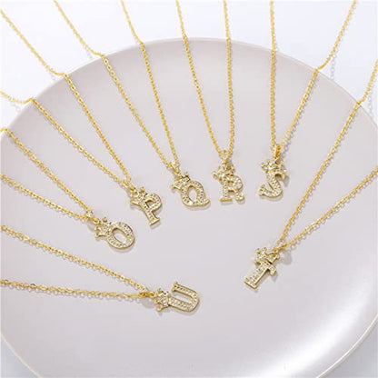 Pingyongchang Letter A-Z pendant necklace Crown letter pendant Charming initials chain necklace, inlaid crystal letter necklace - color: crown-S
