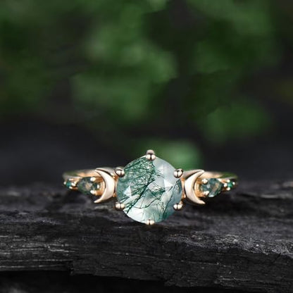 10K 14K 18K Rose Gold 2CT Natural Moss Agate Engagement Ring Set for Women 925 Sterling Silver Genuine Round Green Moss Agate Leaf Art Deco Bridal Wedding Ring Set (Size 4-15)