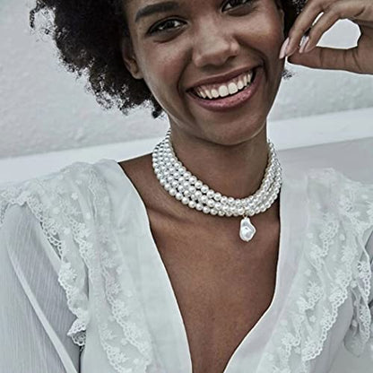 Jovono Pearl Choker Necklace Chunky Faux Pearl Collar Necklaces Boho Layered Statement Necklace Jewelry for Women