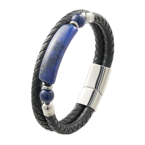 Mens Black Leather Obsidian/Turquoise/Tiger Eye/Red Agate Bracelet–Braided Multi‑Layer Wristband Cuff Bangle Bracelet with Stainless Steel Clasp Gift Jewelry Box Included - color: Style 3: Lapis Lazuli, size: 8.3in(Fits most wrists)