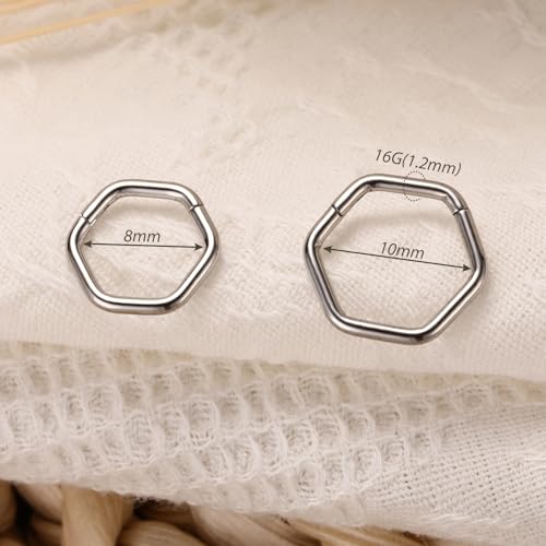FUNLMO Septum Ring Nose Ring Daith Piercing Jewelry 316L Surgical Steel Hexagon Septum Jewelry Tragus Helix Rook Cartilage Conch Piercing Jewelry - color: Silver