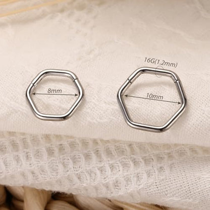 FUNLMO Septum Ring Nose Ring Daith Piercing Jewelry 316L Surgical Steel Hexagon Septum Jewelry Tragus Helix Rook Cartilage Conch Piercing Jewelry - color: Silver