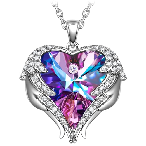 Kate Lynn Angel Wings Heart Necklaces for Women, White Gold Plated - color: Purple Light