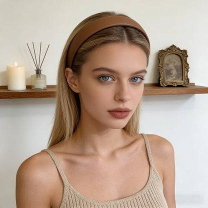 PU Leather Headbands for Women,2 Pcs Non-slip Fashion Wide Padded Hairband Fashion Hair Bands Cute Womens Headbands Holiday DIY Hair Accessories(Red+Brownish-yellow)
