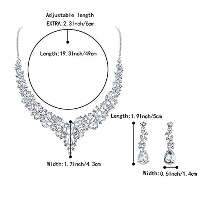 Women's Wedding Statement Necklace Dangle Earring Jewelry | Austrian Crystal Teardrop Cluster,Necklaces Earrings Set for Bride Bridesmaid,Prom Accessories - color: 01-Clear Silver-Tone