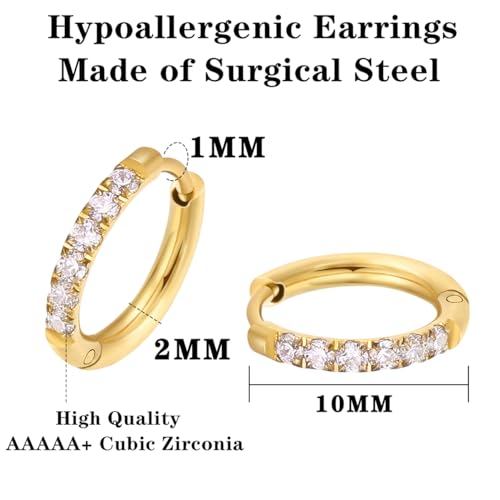316L Surgical Steel Huggie Hoop Earrings | Dainty Pave Cubic Zirconia Cartilage Tiny Earring for Sensitive Ears Hypoallergenic Lightweight for Women Men - style: Gold Plated，20G*10mm