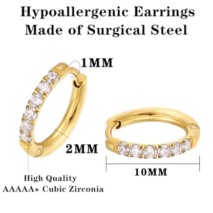 316L Surgical Steel Huggie Hoop Earrings | Dainty Pave Cubic Zirconia Cartilage Tiny Earring for Sensitive Ears Hypoallergenic Lightweight for Women Men - style: Gold Plated，20G*10mm