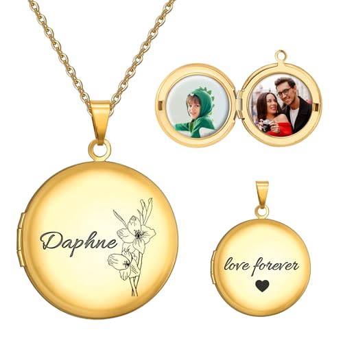 Personalized Heart Locket Necklace Customize Photo 925 Sterling Silver Picture Locket Necklace for Women Girls kids Engraved Birth Flower and Text Birthday Christmas Gifts for Women Girls Kids - color: Circle Gold