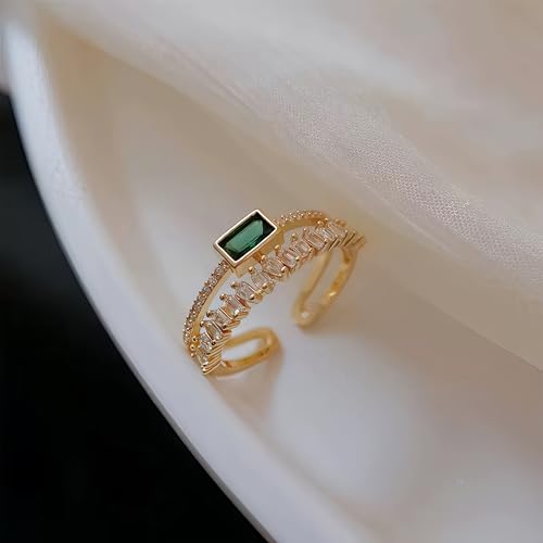 Mettclasi Women's 14K Gold Plated Stackable Ring Crystal Inlaid Dainty Trendy Cute Adjustable Open Twist Rings Jewelry Gifts - style: Square Emerald