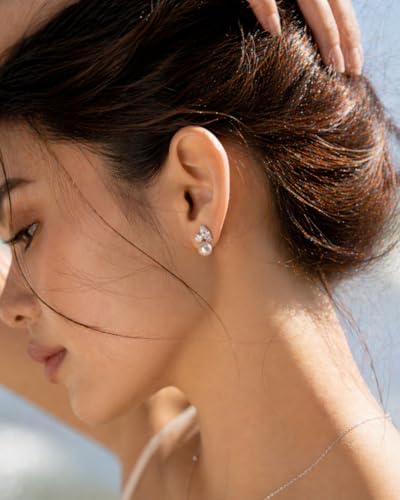 Pearl Earrings - 14k Gold or White Gold Plated Sparkle Cubic Zirconia Dainty Pearl Stud Earrings for Women Wedding Party Bridal - color: silver CZ pearl