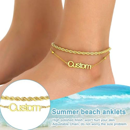 U7 Custom Layered Ankle Bracelets for Women Stainless Steel Bead/Cuban/Figaro/Rope/Wheat Chain Anklet Waterproof Anklet Jewelry for Beach Vacation - color: a-Gold Plated-Rope Chain