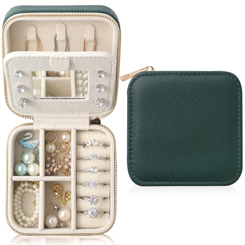 Genuine Leather Travel Jewelry Organizer Case with Mirror for Women, Small Mini Portable Jewelry Box for Earring, Ring, Necklace, Bracelet（Forest Green） - color: Lychee Grain Leather Forest Green