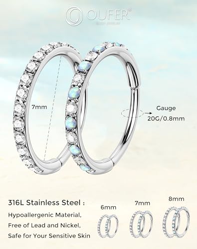 OUFER Turquoise CZ Opal Nose Rings for Women, 316L Surgical Steel 6MM Nose Rings Hoops, Silver Hinged Segment Septum Lip Eyebrow Cartilage Conch Rook Helix Tragus Daith Piercing Jewelry-6/7/8MM - color: Silver, Opal and CZ