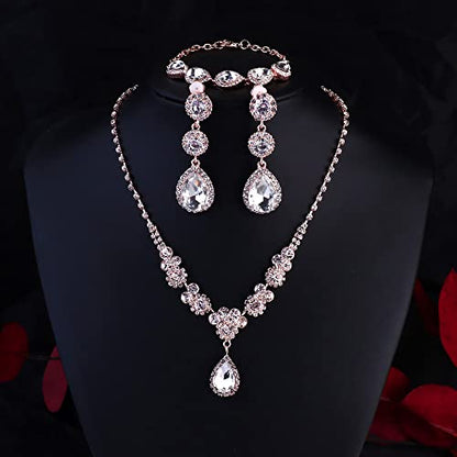 Jstyle Rhinestone Wedding Jewelry Sets for Brides, Brides Bridesmaid Sets | Non Tarnish Bridal Jewelry Set, Crystal Teardrop Pendants Necklace Bracelet,Clip On Earrings, Wedding Prom Jewelry Set - color: Rose Gold Tone