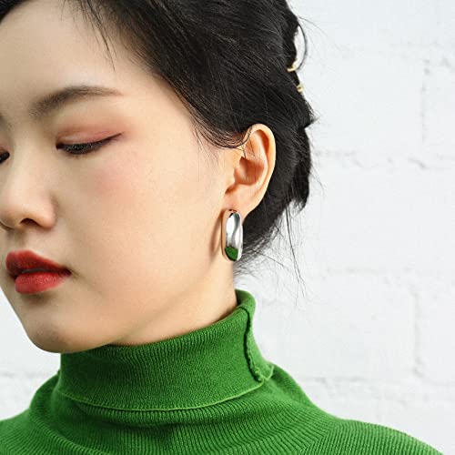 Waterproof Thick Gold Chunky Hoops Earrings for Women Non Tarnish,Gold Plated Hypoallergenic Open Hoop Earrings,Lightweight Hollow Earrings - color: Silver