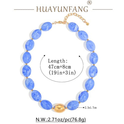 Chunky Beads Necklace for Women Trendy Gold Puffy Heart Choker Necklace Colorful Resin Beaded Heart Pendant Necklaces Statement Jewelry - color: Oval Beads-Blue