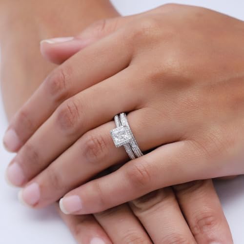 6MM Center Halo Princess Cut Bridal Set Engagement Ring for Women, 2 CT | Metal: Sterling Silver|Stone: Moissanite - color: White Gold