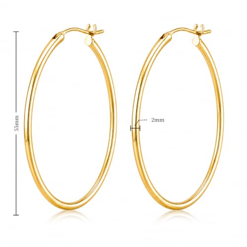14K Gold Hoop Earrings for Women, Classic Minimalist Medium & Large Gold Hoops, Lightweight Round Hoop Earrings, Available in 35/45/55mm - size: 55MM