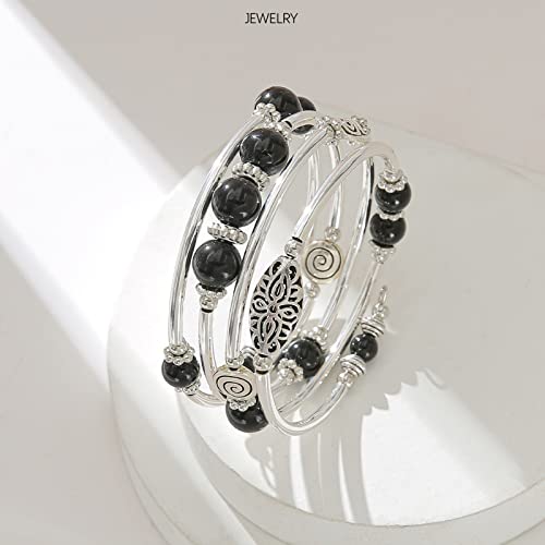 FULU AUTUMN Stackable Beaded Bracelets for Women Boho Wrap Silver Bracelet Layered Fashion Jewelry Gifts for Her - color: 17-Black