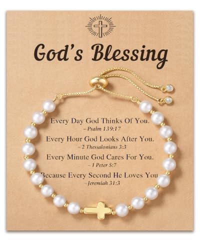 HGDEER God's Blessing Cross Bracelet for Women & Teens, Christian Gift | 14K Gold Plated, Natural Malachite & Turquoise Beads, Secure Adjustable Bolo Clasp, Hypoallergenic, Gift for Women & Teens - color: White