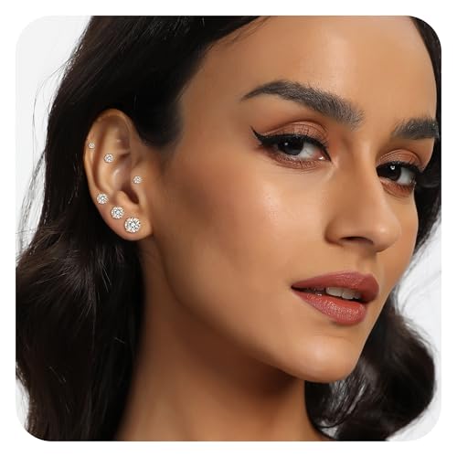 18K White/Yellow Gold Plated Stud Earrings for Men Women 4 Prong Graduated Round Clear Cubic Zirconia Hypoallergenic Earrings Set 3-8MM - color: Yellow Gold Plated, size: 6MM