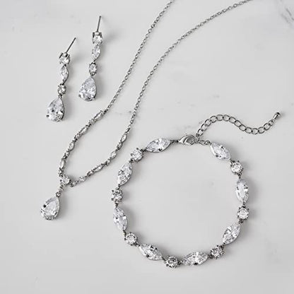 SWEETV Bridal Wedding Jewelry Set for Brides,Teardrop Bridesmaids Jewelry Set - color: 01.Silver