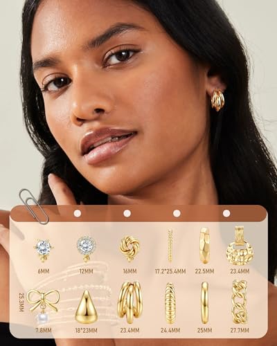 10/11/12 Pairs 16K Gold Plated Clip on Hoop Stud Earrings Set for Women | Non Pierced Earring Set with Chunky Pearl, Twisted CZ Studs and Cute Dainty Dangles, Comfortable Aesthetic Daily Earrings
