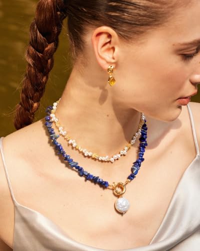 Aobei Pearl 18K Gold Plated Pendant Necklace for Women Dainty Gold Chain Choker Love Heart Disc Coin Pearl Cross Toggle Jewelry - style: Lapis Lazuli Coin Pearl