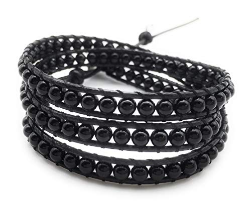 Handmade Alloy Leather Natural Stone Bead Statement Bracelet Bangle Cuff Rope 3 Wrap Adjustable Jewelry Collection - color: Black Agate & Black Leather Cord