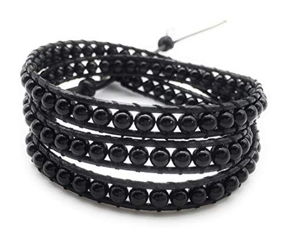 Handmade Alloy Leather Natural Stone Bead Statement Bracelet Bangle Cuff Rope 3 Wrap Adjustable Jewelry Collection - color: Black Agate & Black Leather Cord
