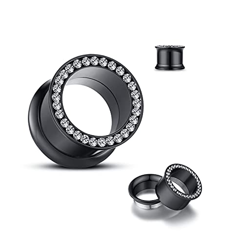 WBRWP 2pcs Hollow Gold Stainless Steel with Zircon Ear Plugs Tunnels - Ear Expander - Ear Gauges Stretcher Body Piercing Jewelry 8g-5/8 - color: Black with CZ