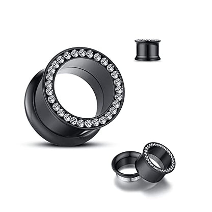 WBRWP 2pcs Hollow Gold Stainless Steel with Zircon Ear Plugs Tunnels - Ear Expander - Ear Gauges Stretcher Body Piercing Jewelry 8g-5/8 - color: Black with CZ