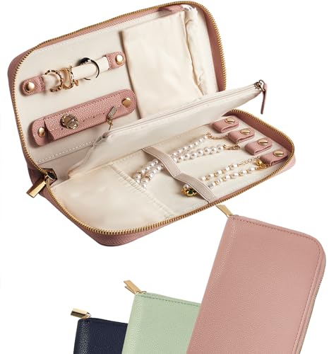 Travel Jewelry Organizer Case - for Tangle-Free Necklaces, Earrings, Rings, Bracelets Storage, Travel Essentials, Fashion Portable Jewelry Travel bags for Women - Large Macaron Pink - color: Large Macaron Pink