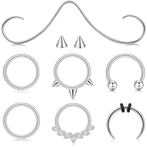 ONESING 20-30 Pcs Septum Rings 16G Septum Jewelry - Surgical Steel Piercings Horseshoe Helix Daith Smiley Tragus Lip Rings Nose Hoop Hinged Seamless Piercing Jewelry for Women Men - color: Silver-16G-10mm