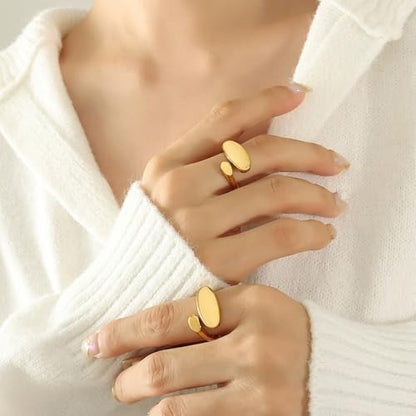 Irregular Polished Plain Rings Adjustable Oval Statement Ring For Women Chunky Open Finger Ring Fashion Minimalist Engagement Promsie Gifts - color: Gold