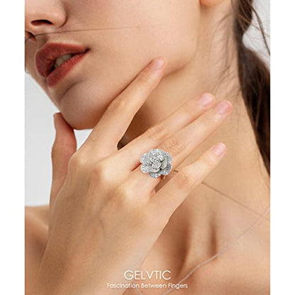 Cocktail Rings Silver Rose Flower Ring for Women Adjustable 18K Gold Plated Snowflake Open Wrap Wedding Statement Valentine Gift for Lover Wife Christmas - style: JZ06 Flower Ring-Silver