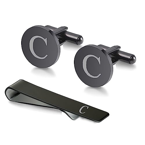 WIGERLON Initial Cufflinks and Tie Clip Set for Men,Stainless steel Letter Cuff Links and Tie Bar Set gift for Father Husband Son Boyfriend - style: C-Black
