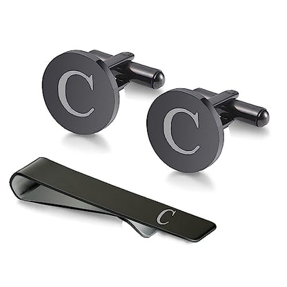 WIGERLON Initial Cufflinks and Tie Clip Set for Men,Stainless steel Letter Cuff Links and Tie Bar Set gift for Father Husband Son Boyfriend - style: C-Black