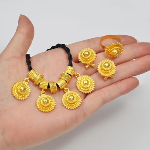 Ethiopian Traditional Jewelry | Eritrean Jewelry for Women Set | Ethiopian African Jewelry Wedding Sets Includes Cross Pendant Black Rope Earrings Ring Sets African Eritrean Religion - color: Black Rope 2