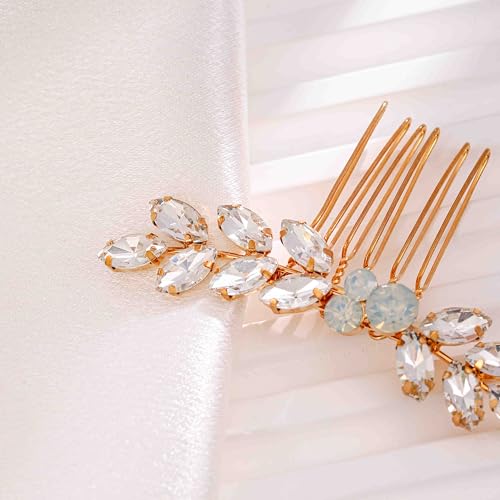 Foyte Bride Wedding Hair Comb Crystal Small Hair Piece Rhinestone Bridal Hair Side Comb Opal Gold Hair Accessories for Women and Brides