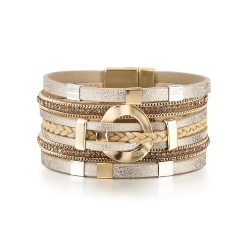 Edoneery Leather Wrap Bracelets for Women, Boho Layered Cuff Bangle | Multi-layer leather cuff, daily wear, stackable bangle, easy on-off, western jewelry gifts for women - color: Gold-3