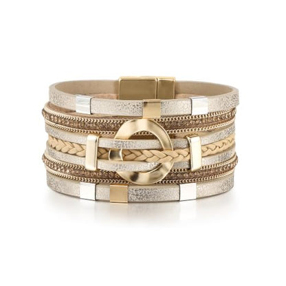 Edoneery Leather Wrap Bracelets for Women, Boho Layered Cuff Bangle | Multi-layer leather cuff, daily wear, stackable bangle, easy on-off, western jewelry gifts for women - color: Gold-3