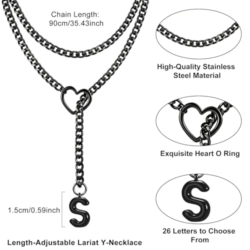 Black Heart Slip Chain Initial Necklaces for Women, Stainless Steel Wrap Choker Necklace, Gothic O-Ring Adjustable Lariat Y Necklaces, Punk Cuban Collar Choker Necklace, Halloween Jewelry Gift - color: Black S