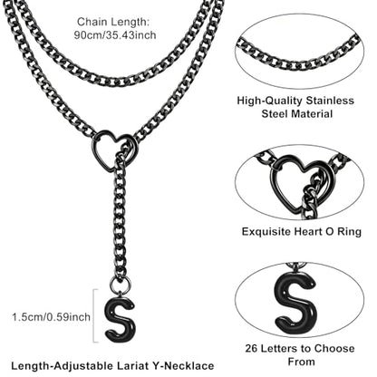 Black Heart Slip Chain Initial Necklaces for Women, Stainless Steel Wrap Choker Necklace, Gothic O-Ring Adjustable Lariat Y Necklaces, Punk Cuban Collar Choker Necklace, Halloween Jewelry Gift - color: Black S
