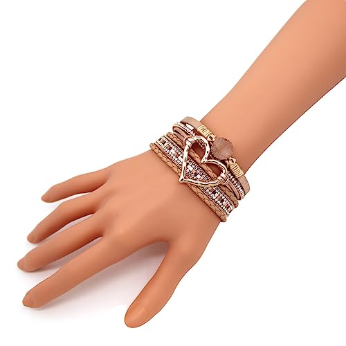 Womens Love Heart Leather Wrap Bracelet Multi-layer Stacked Bangle | Magnetic Clasp Soft PU Leather Resin Stone Rhinestone Boho Style Birthday Valentine Christmas Bohemian Jewelry Gift - color: Rose-gold