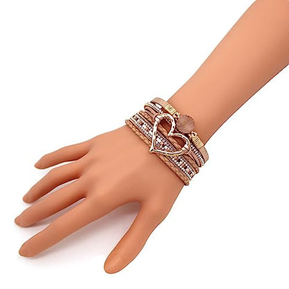 Womens Love Heart Leather Wrap Bracelet Multi-layer Stacked Bangle | Magnetic Clasp Soft PU Leather Resin Stone Rhinestone Boho Style Birthday Valentine Christmas Bohemian Jewelry Gift - color: Rose-gold