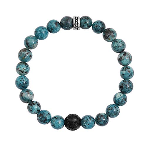 Geoffrey Beene Natural Stone Elastic 9mm Beaded Bracelet with Black Good Fortune Piece - color: Azurite Chrysocolla